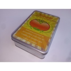 Lata de semillas tomates que saben a tomate"